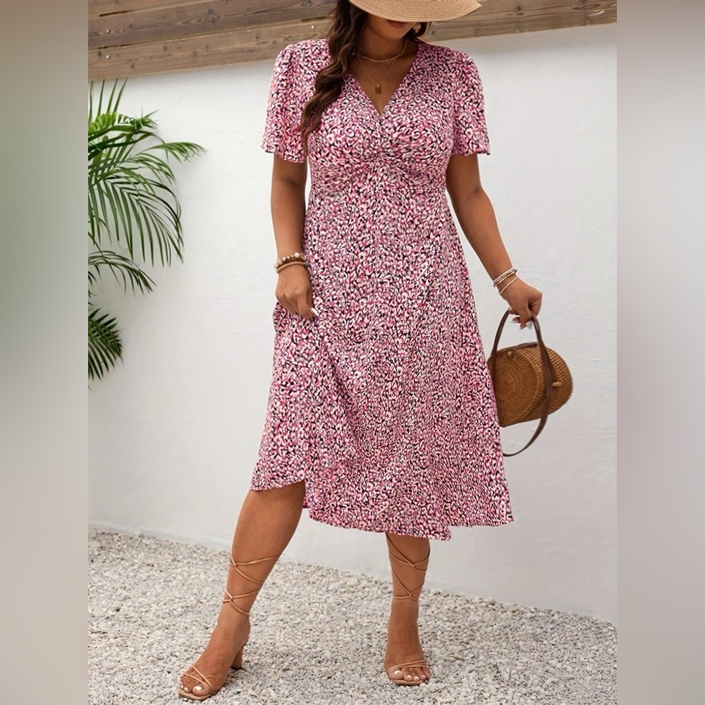 Plus Size Printed V-Neck Short Sleeve Midi Dress